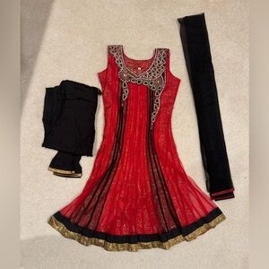 Red & Black Embroidered Anarkali Set w/ Dupatta & Pants